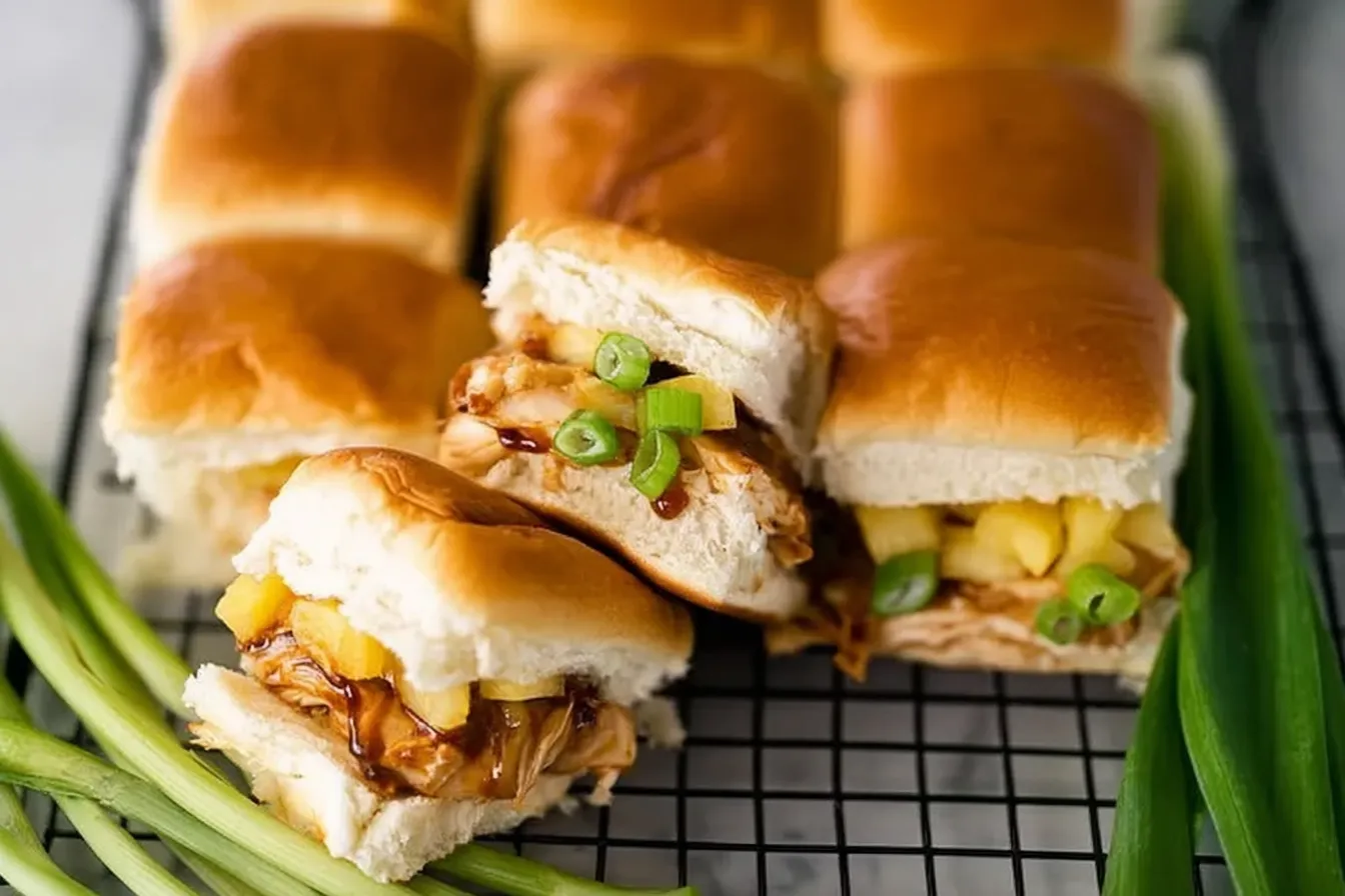 Hawaiian Teriyaki Chicken Sliders Garnished with Pineapple