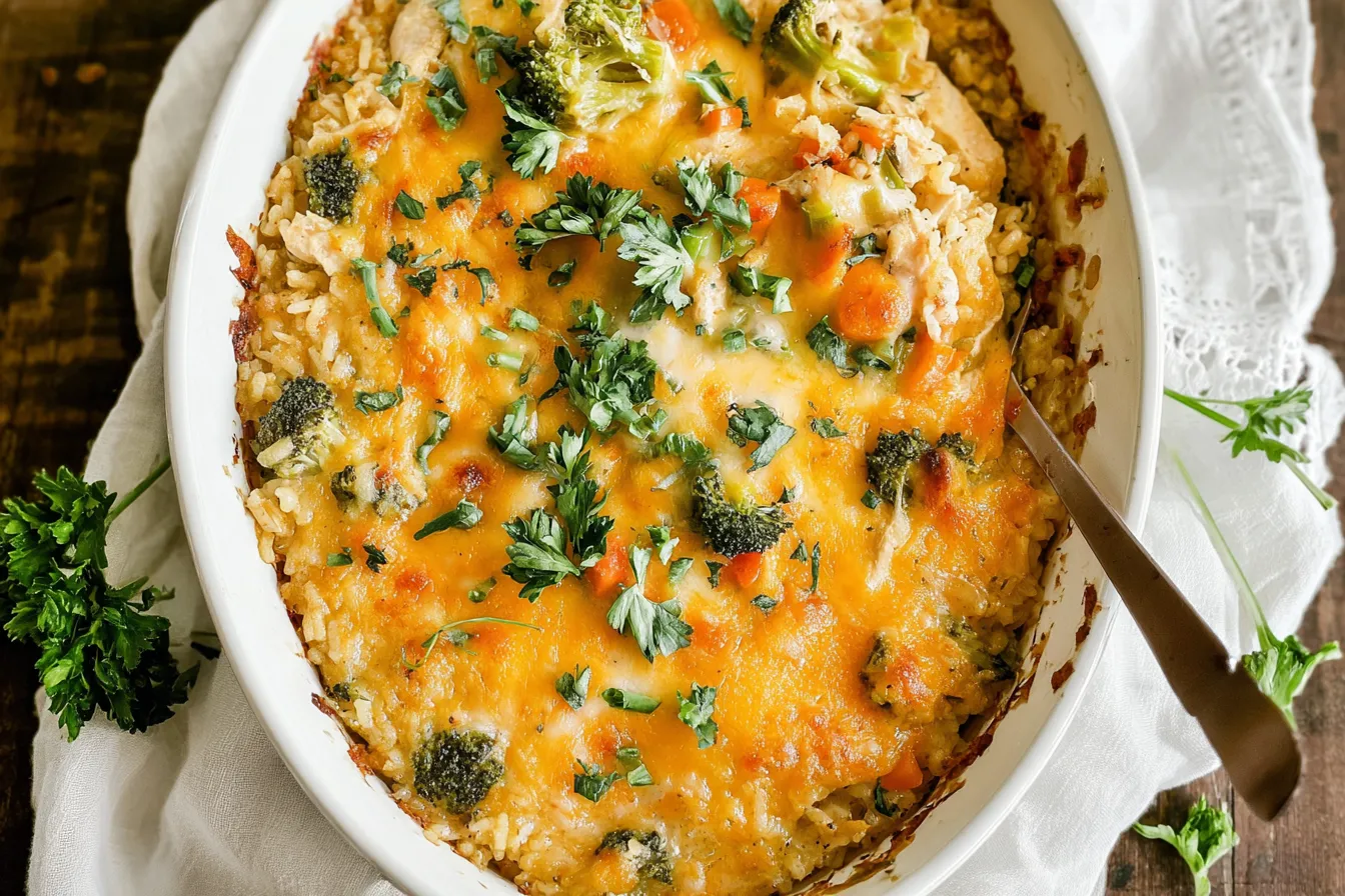 Loaded Chicken and Rice Casserole — A hearty one-pan dinner with veggies and cheese