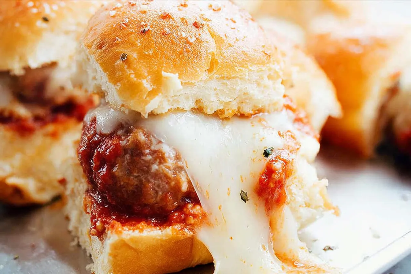 Meatball Marinara Sliders — Italian meatballs baked in sauce with gooey mozzarella