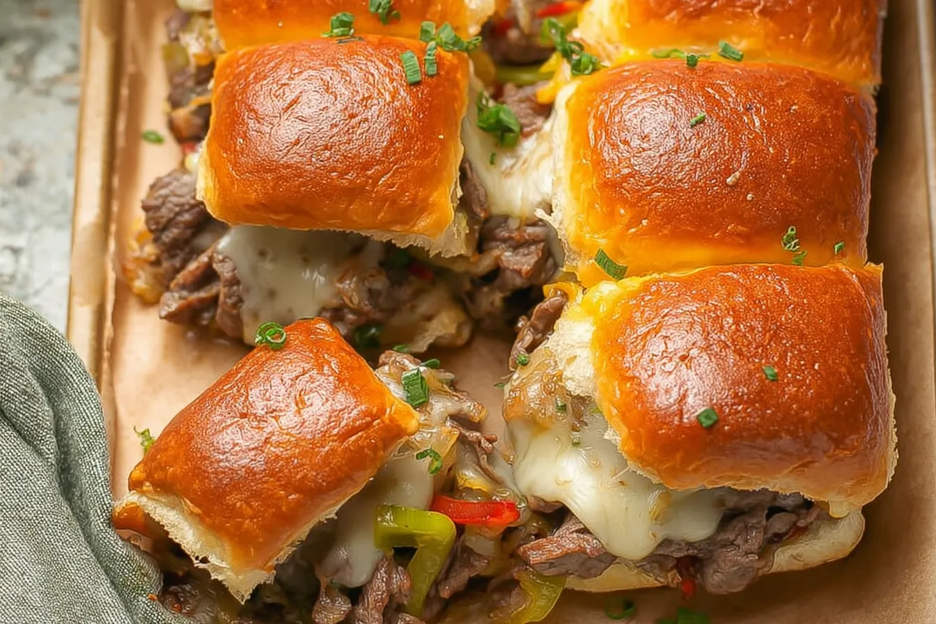 Philly Cheesesteak Sliders — Juicy steak, onions, and provolone baked on mini rolls