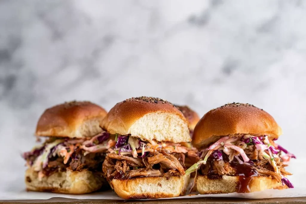 Pulled Pork BBQ Sliders with Coleslaw on Brioche Buns