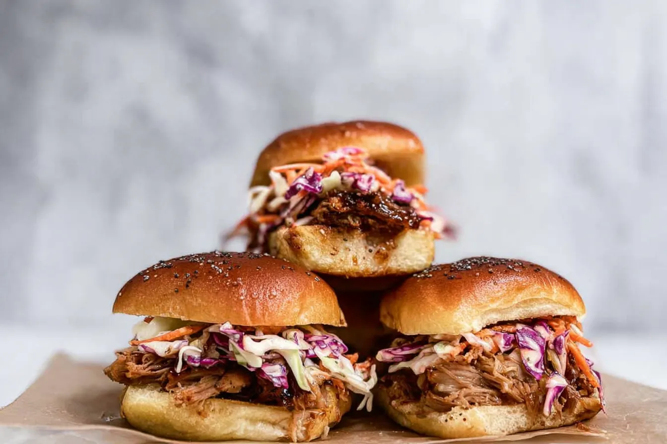 Pulled Pork BBQ Sliders — Tender barbecue pork topped with coleslaw on brioche buns