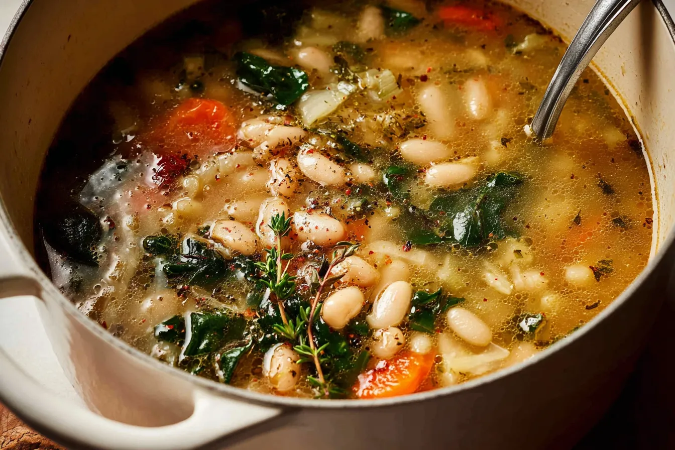 Tuscan White Bean Soup in a Bowl with Fresh Herbs