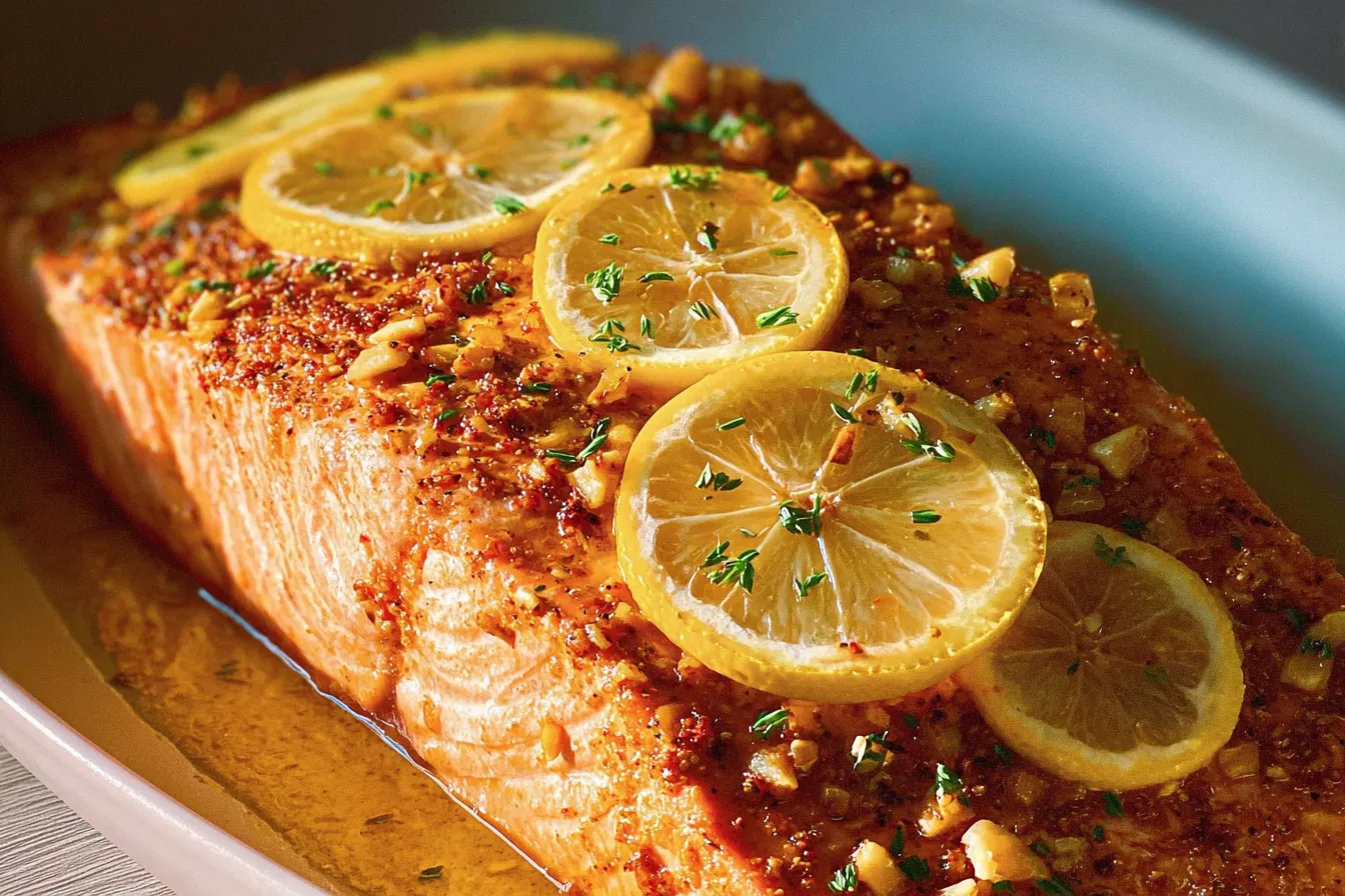 Baked Lemon Garlic Salmon on a Plate