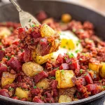 Corned Beef Hash with Crispy Potatoes Served Hot