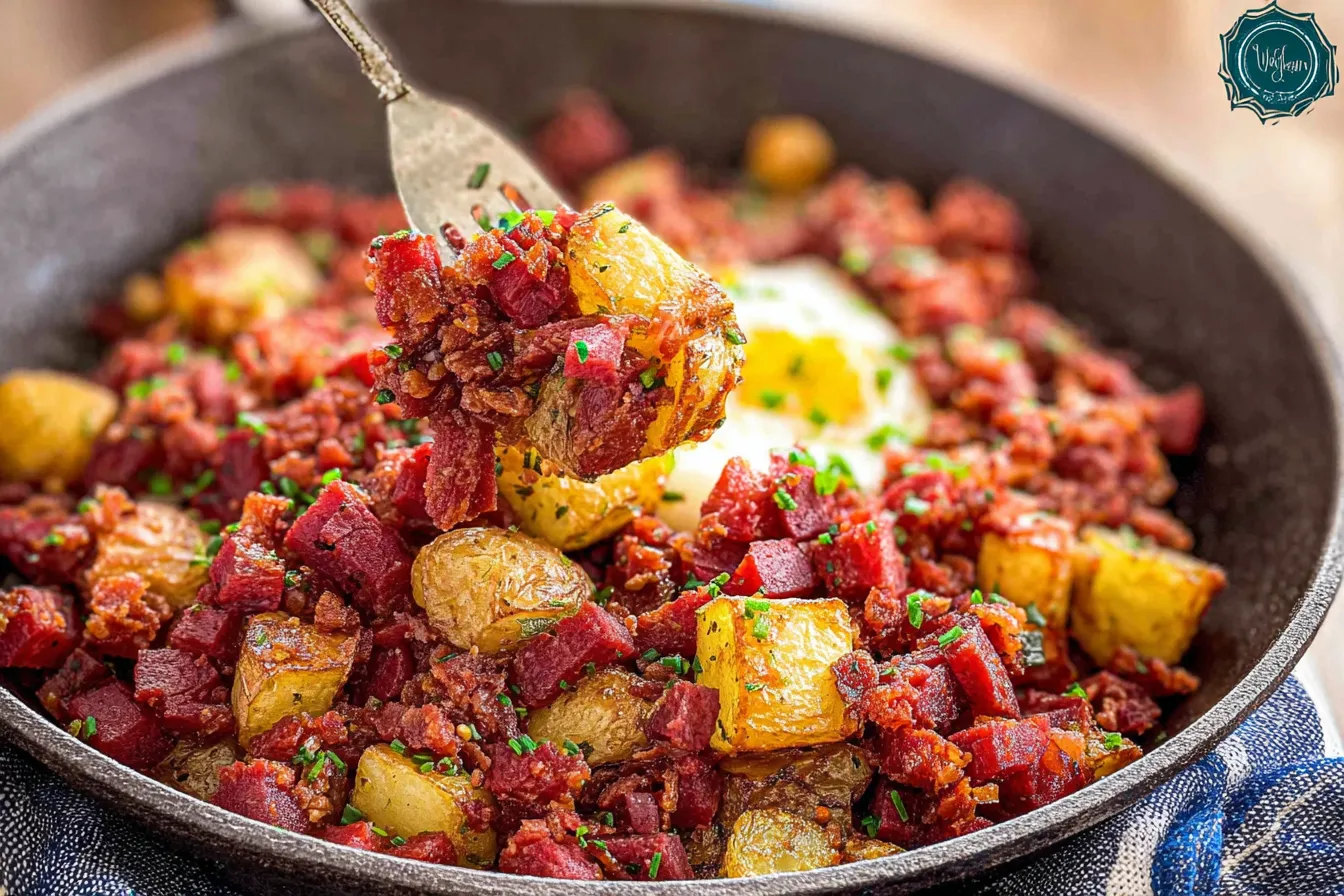 Corned Beef Hash with Crispy Potatoes Served Hot