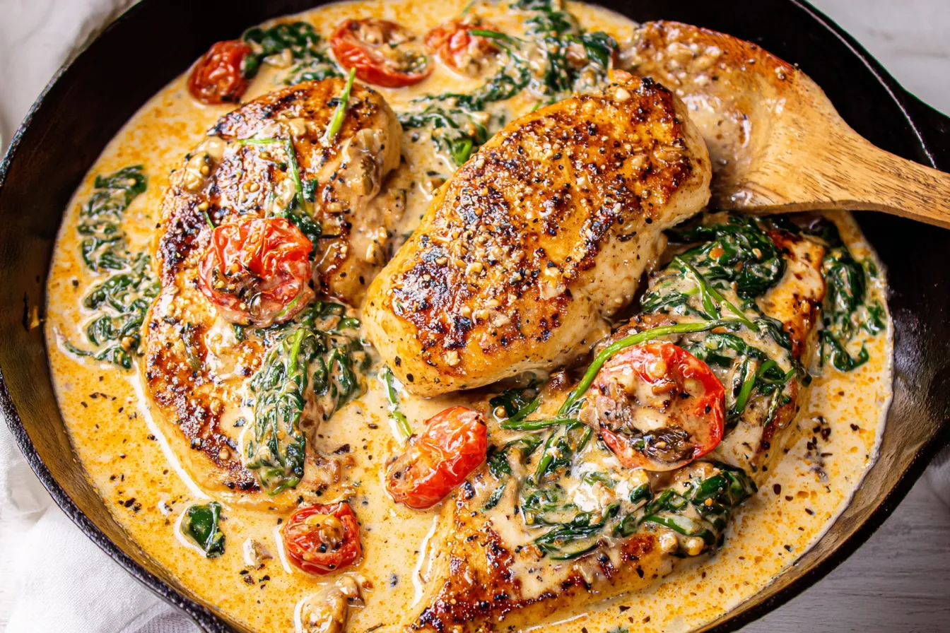 Creamy Tuscan Chicken on a Plate with Spinach and Tomatoes