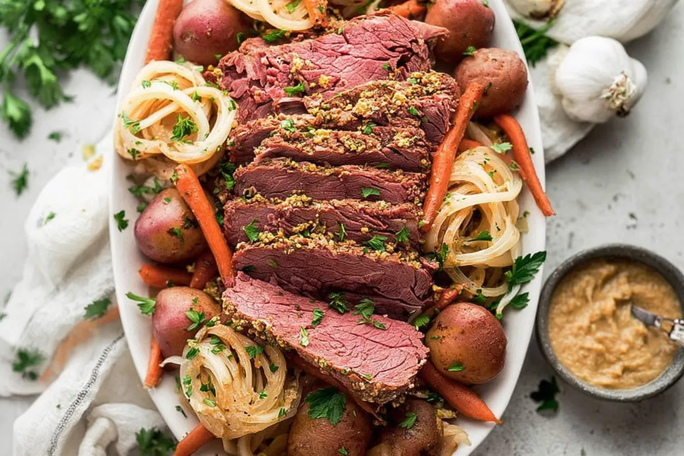 Crockpot Corned Beef with Garlic and Herbs Plated