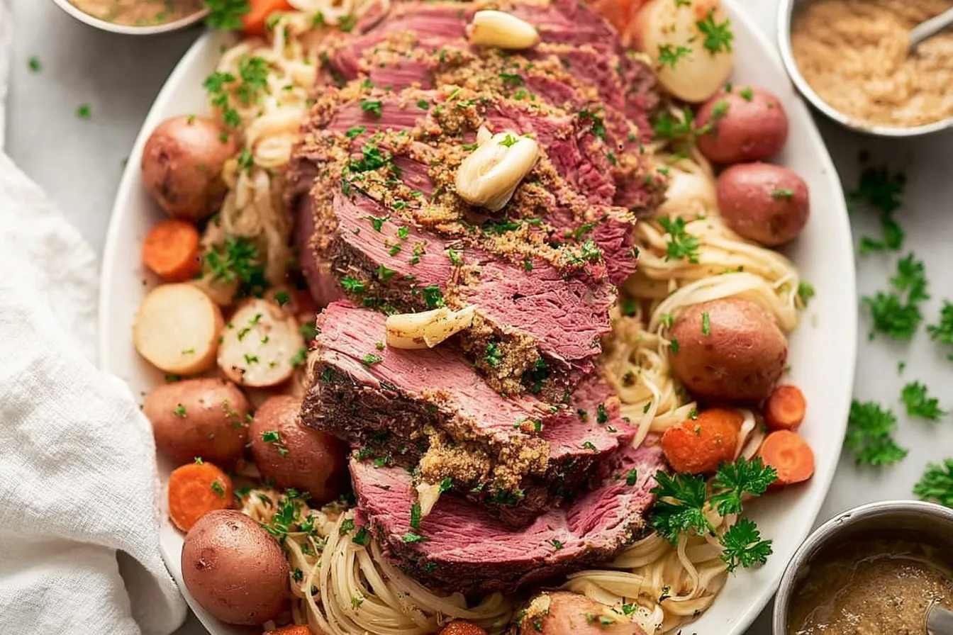 Crockpot Corned Beef with Garlic and Herbs
