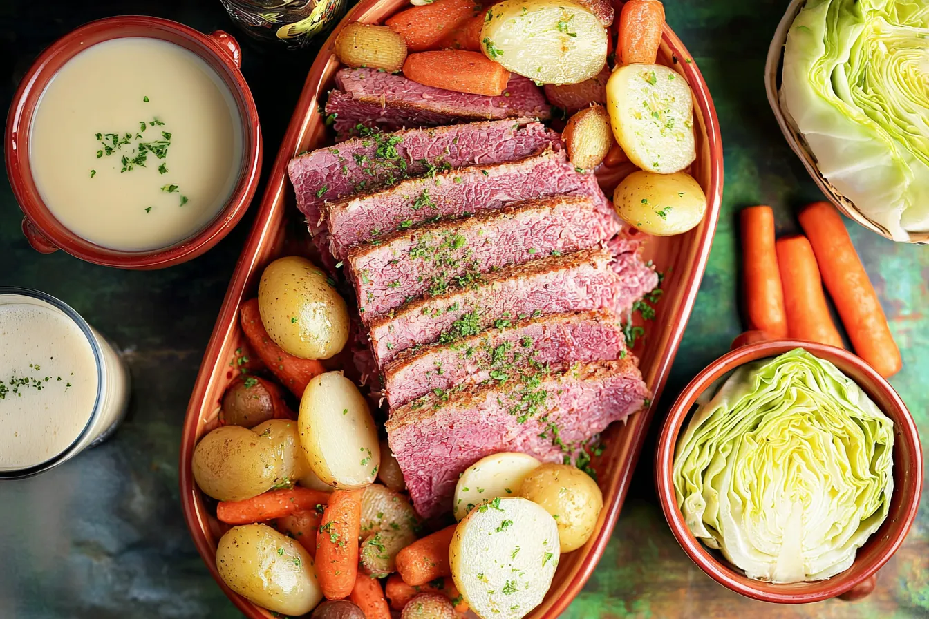 Tender Easy Corned Beef and Cabbage on Dinner Plate