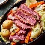 Delicious Easy Crockpot Corned Beef and Cabbage Plated
