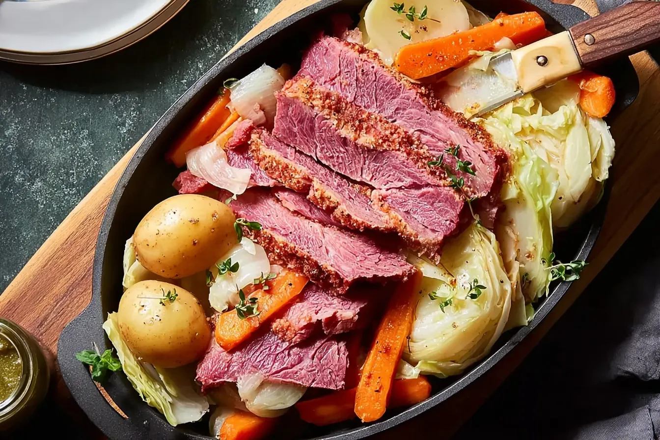 Delicious Easy Crockpot Corned Beef and Cabbage Plated