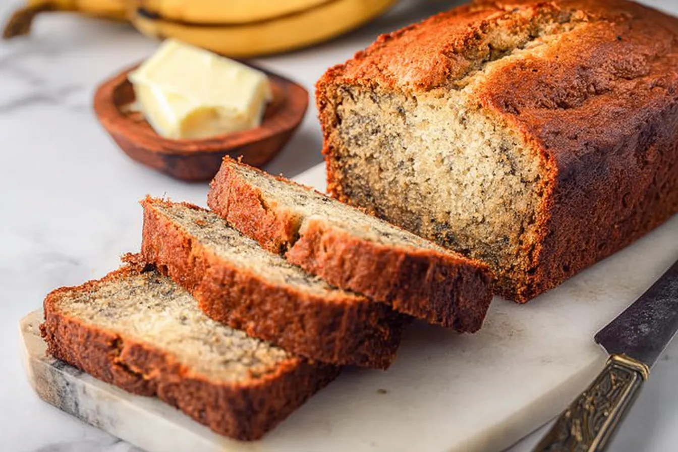 Sliced Easy Moist Banana Bread on a Wooden Board