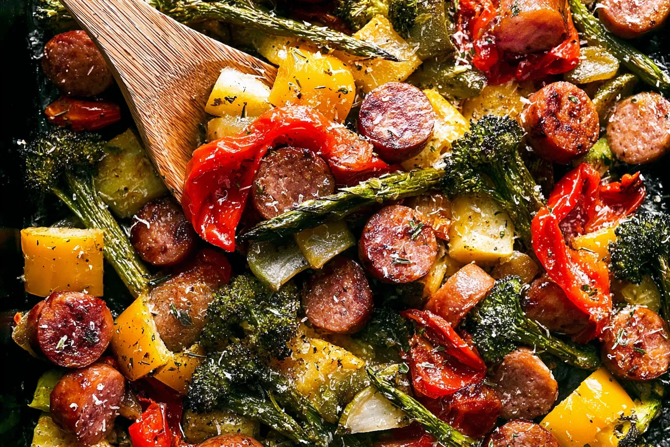Easy Sheet Pan Sausage and Vegetables Ready to Serve