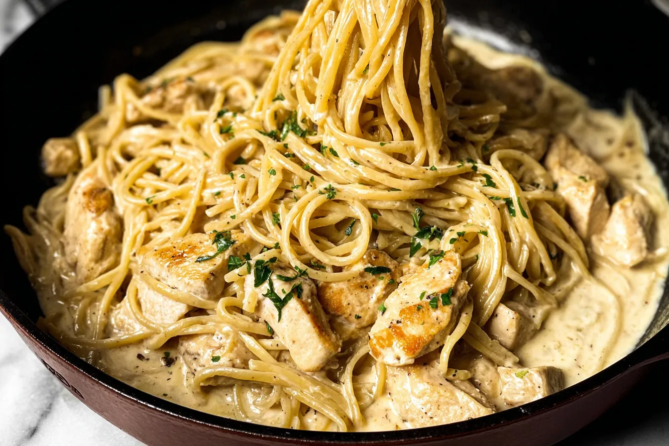 Savory Garlic Butter Chicken Pasta Plated