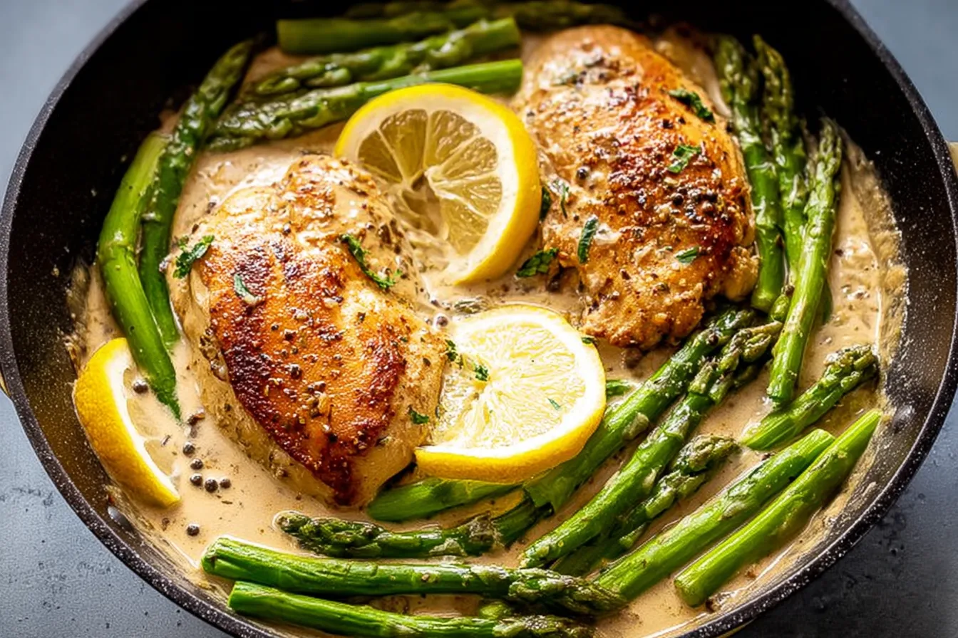 Lemon Garlic Chicken with Asparagus Plated with Fresh Herbs