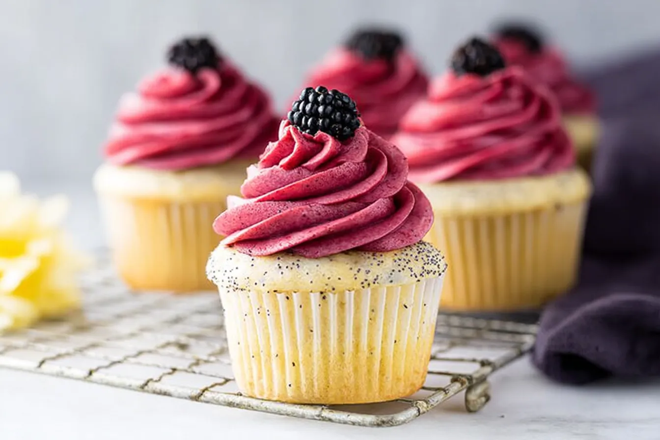 Lemon Poppy Seed Cupcakes with Blackberry Frosting