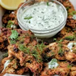 Mediterranean Chicken Strips with Yogurt Sauce on a Plate