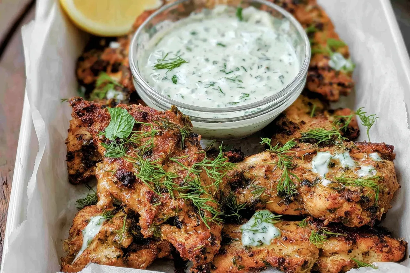 Mediterranean Chicken Strips with Yogurt Sauce on a Plate