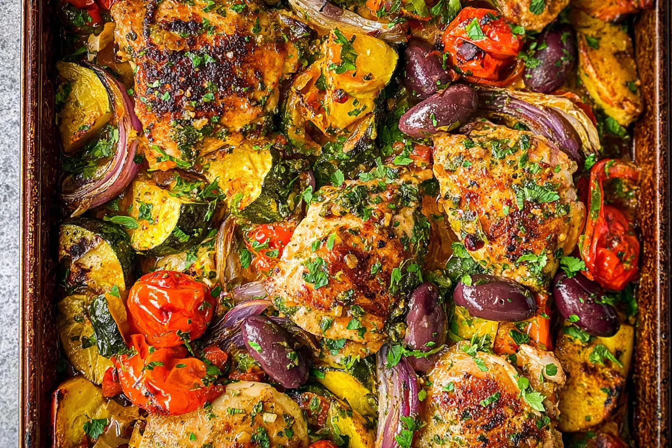 One Pan Mediterranean Chicken Dinner Ready to Serve