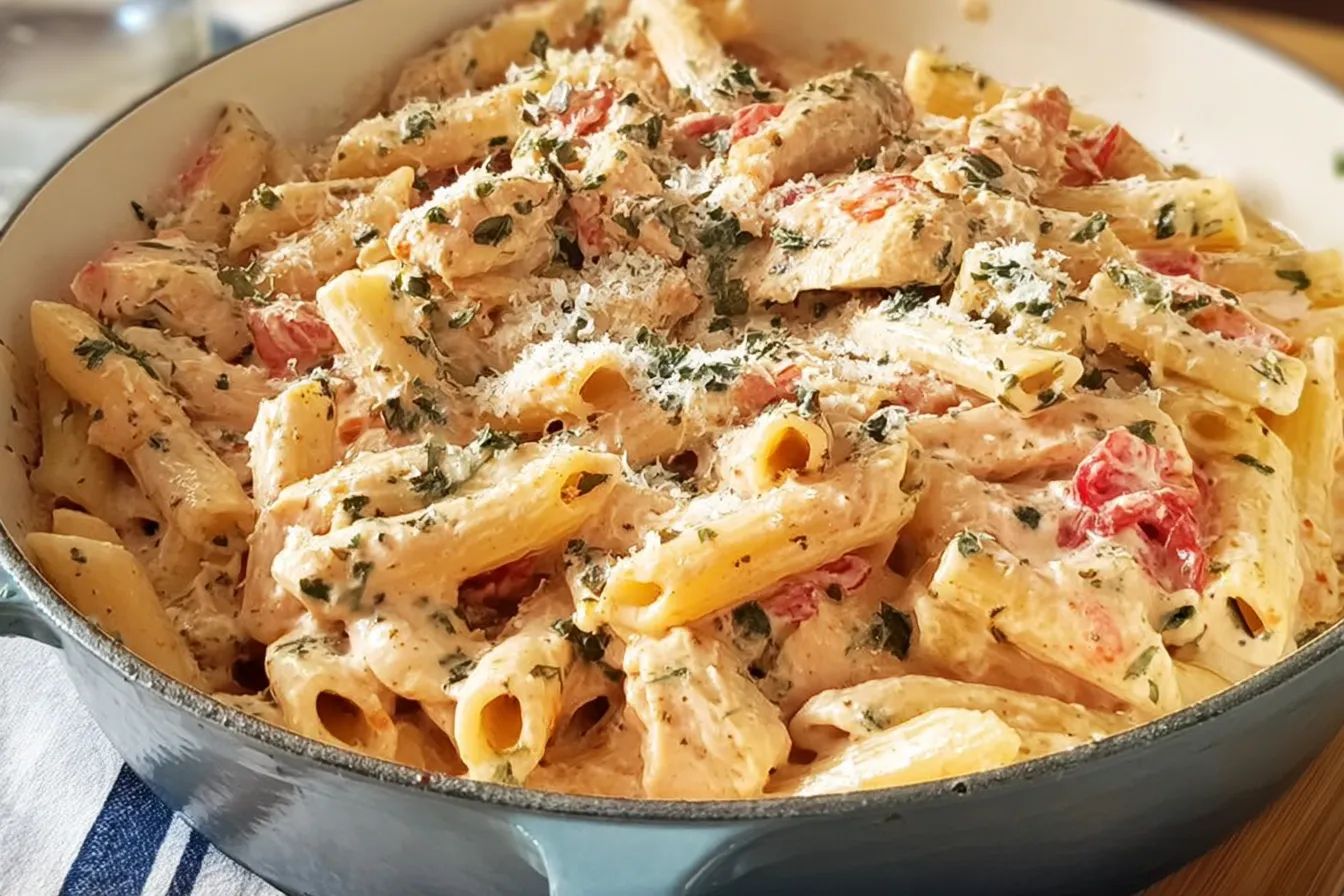 One Pot Creamy Chicken Pasta Ready to Serve