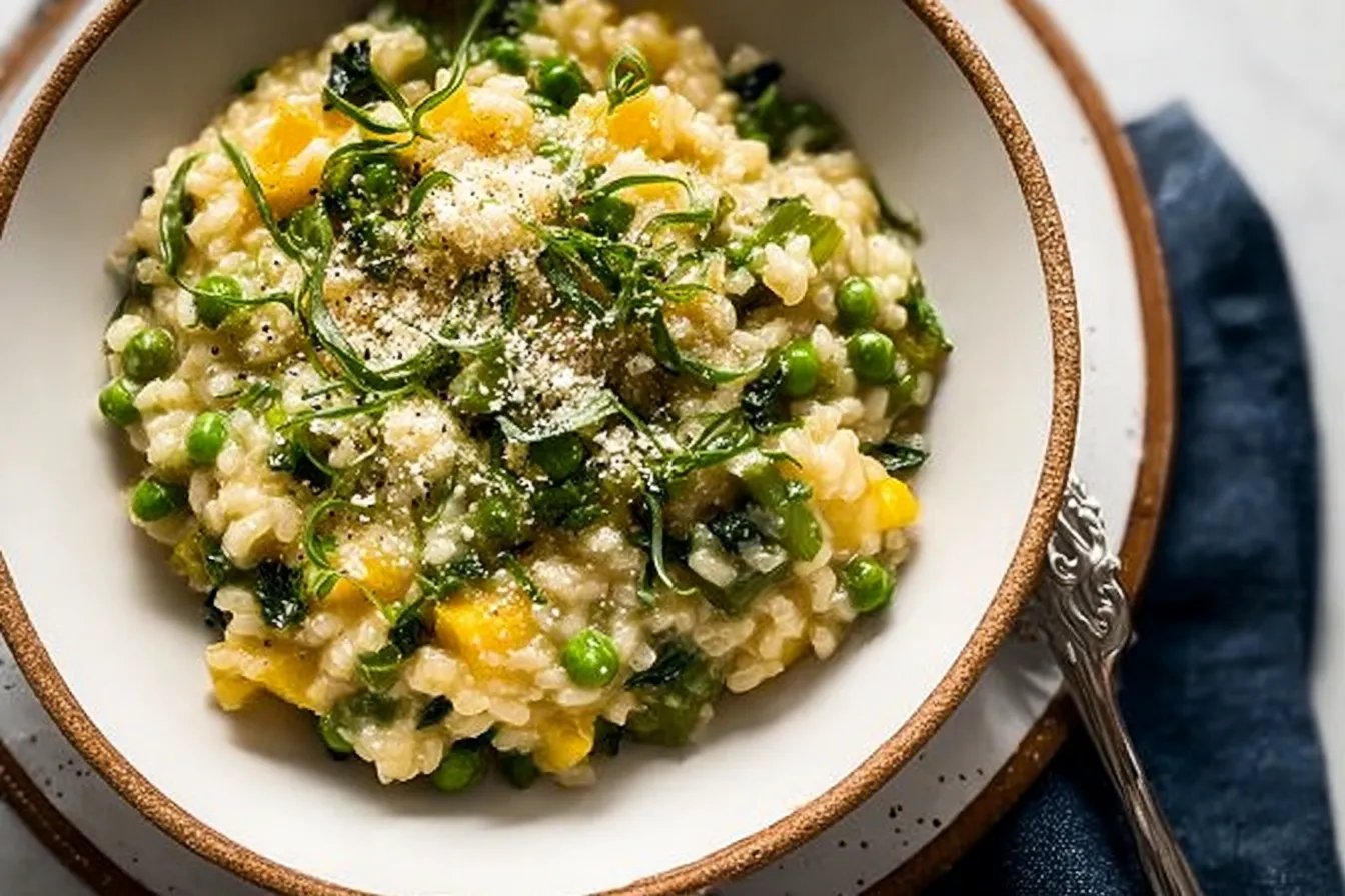 Colorful Spring Vegetable Risotto in a Bowl