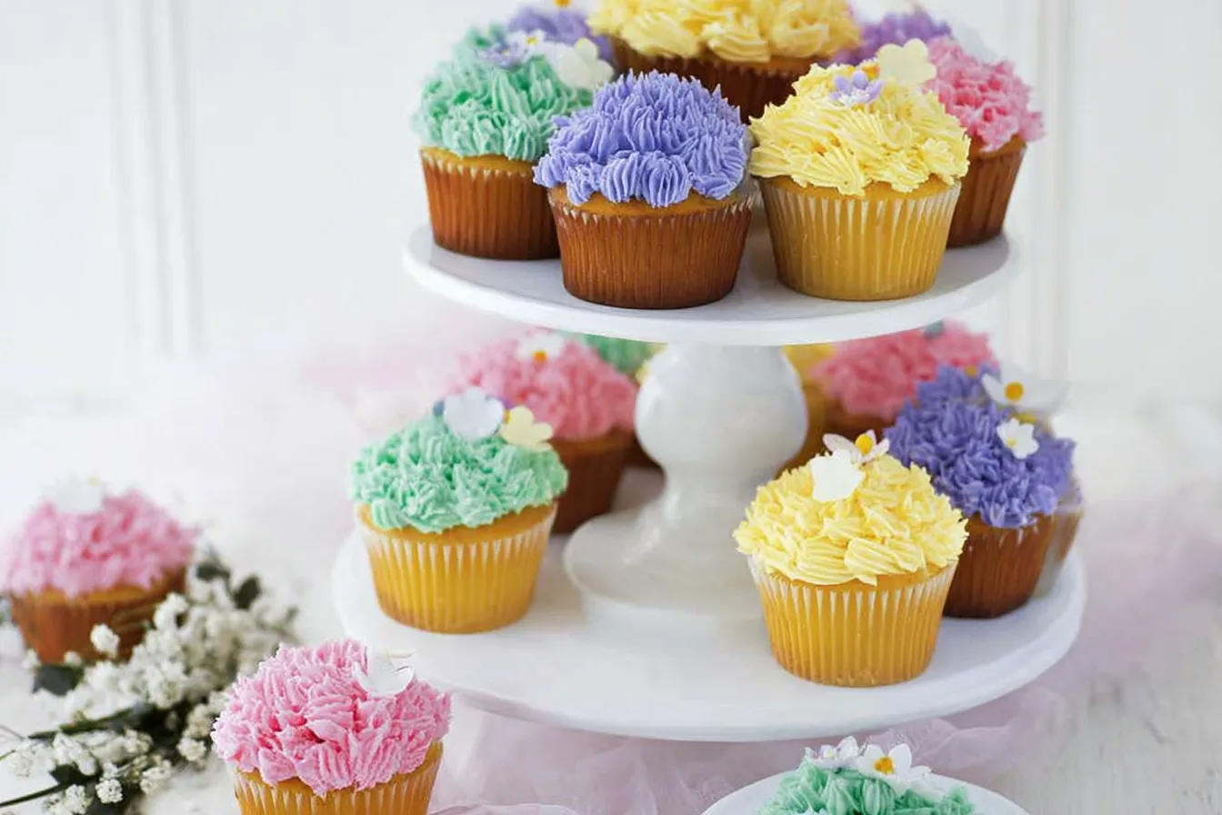 Spring Wildflower Vanilla Cupcakes on a Brunch Table