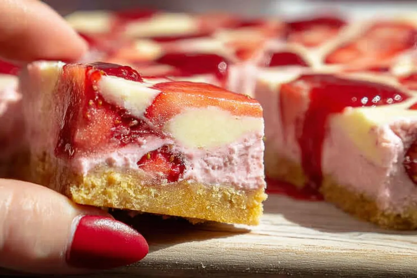 Delicious Strawberry Cheesecake Bars on a Serving Plate