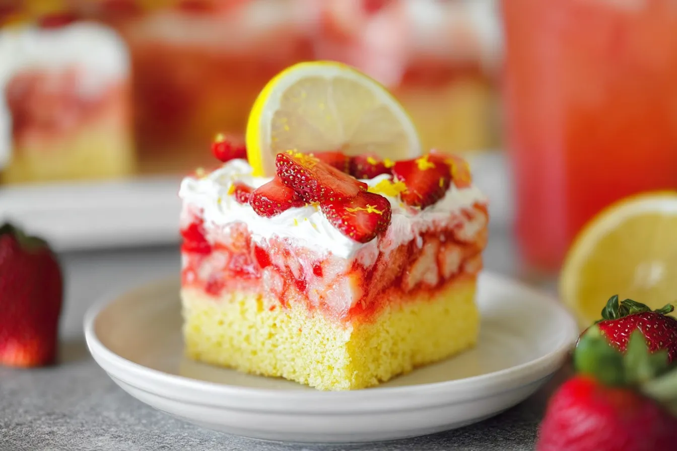 Strawberry Lemonade Poke Cake Slice on a Plate