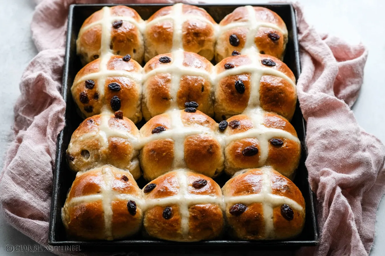 Freshly Baked Traditional Hot Cross Buns with Raisins