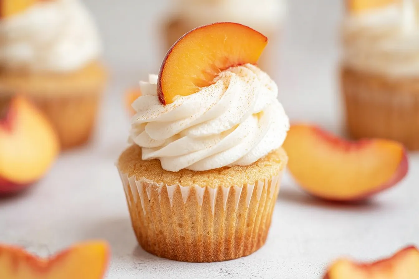 Vanilla Peach Cupcakes Garnished with Fresh Peaches