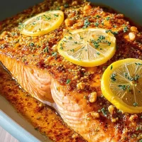 Baked Lemon Garlic Salmon on a Serving Plate