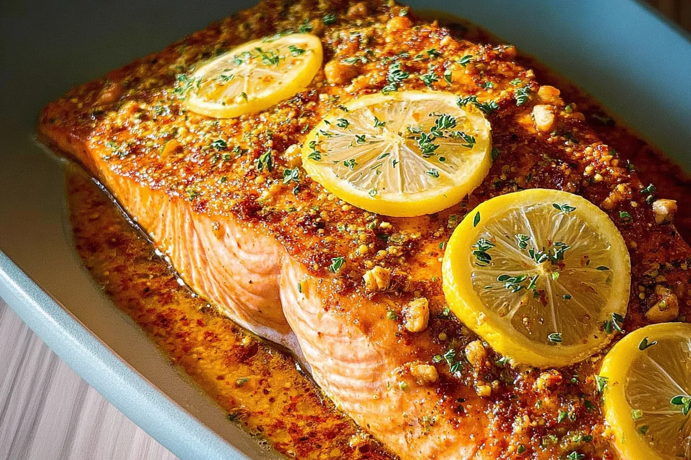 Baked Lemon Garlic Salmon on a Serving Plate