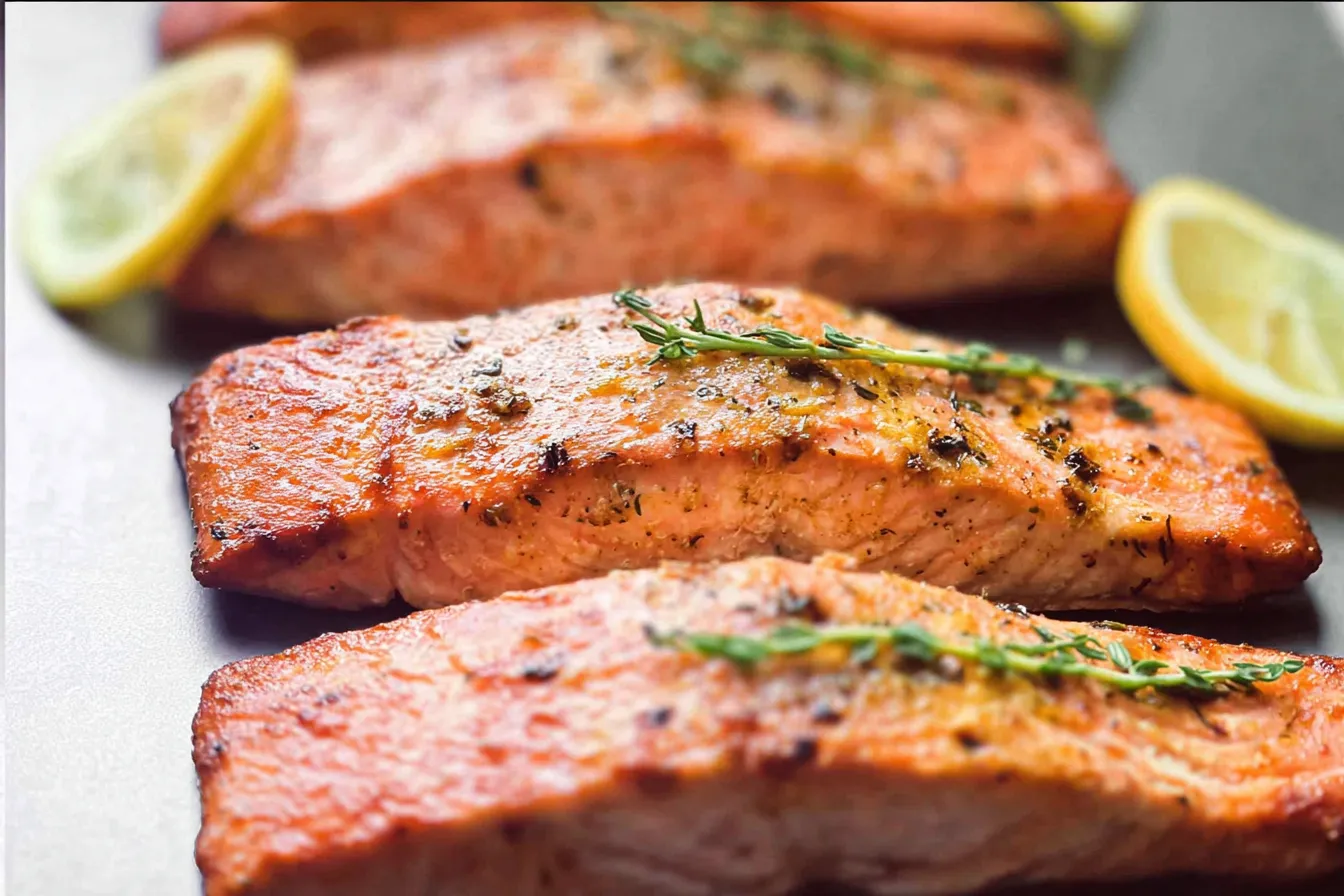 Baked Salmon with Lemon and Herbs on a Plate