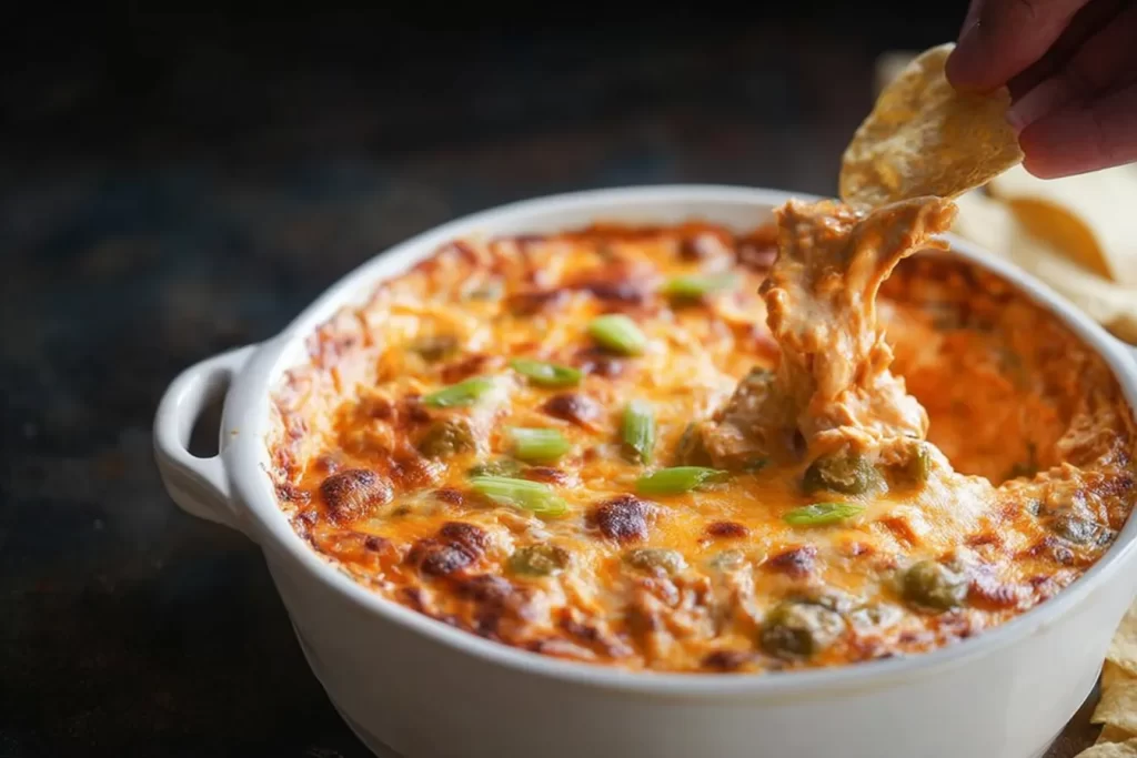 Buffalo Chicken Dip in a serving bowl with tortilla chips
