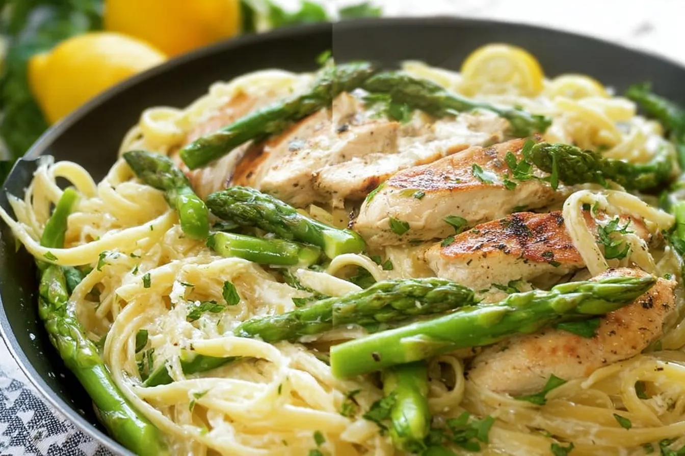 Delicious Chicken Asparagus Alfredo Pasta Dish Ready to Serve