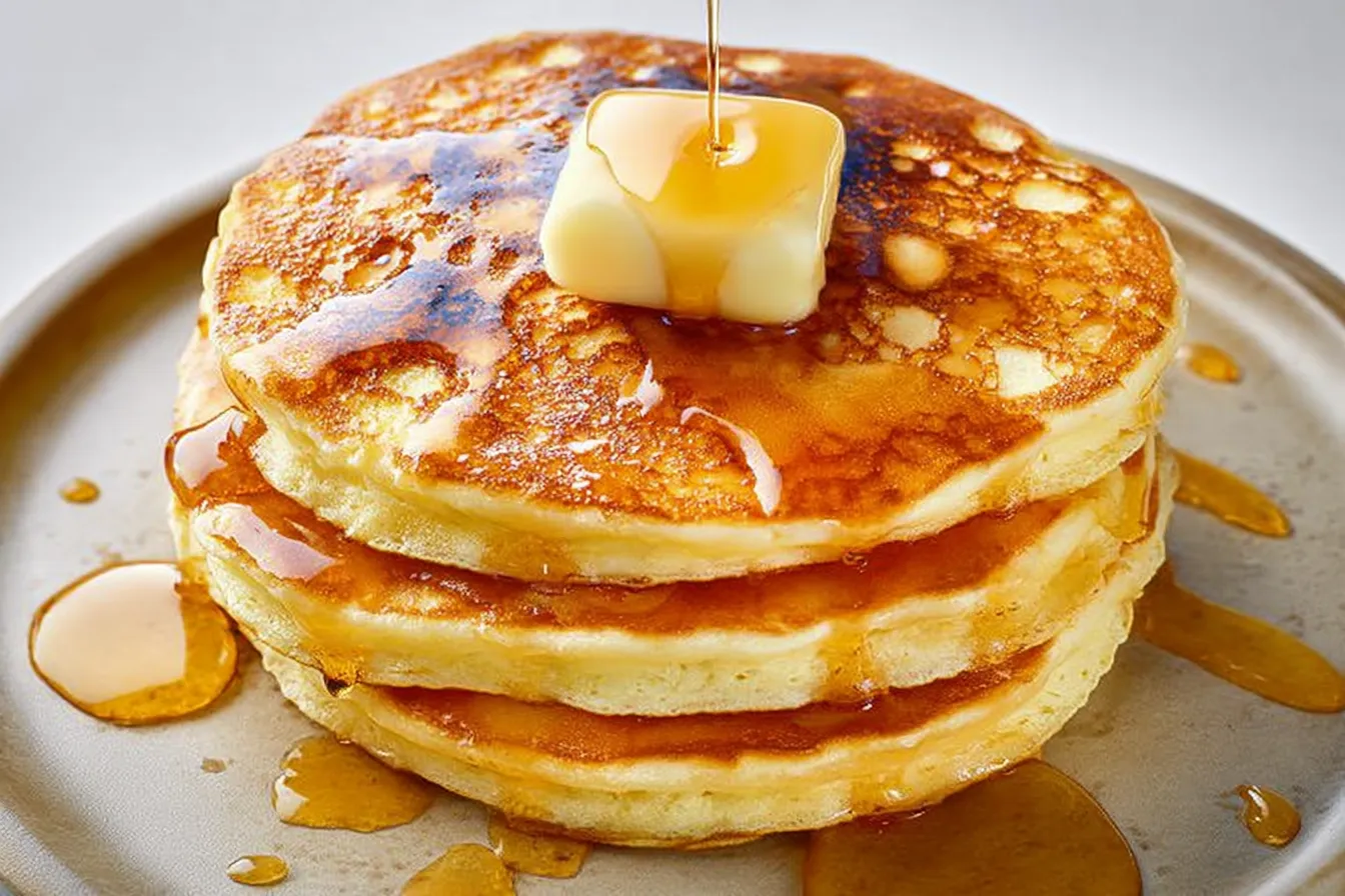 Classic Pancakes Stacked High with Syrup