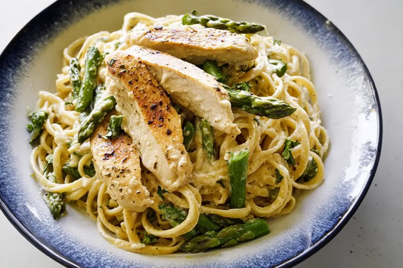 Creamy Chicken Asparagus Pasta Ready to Serve