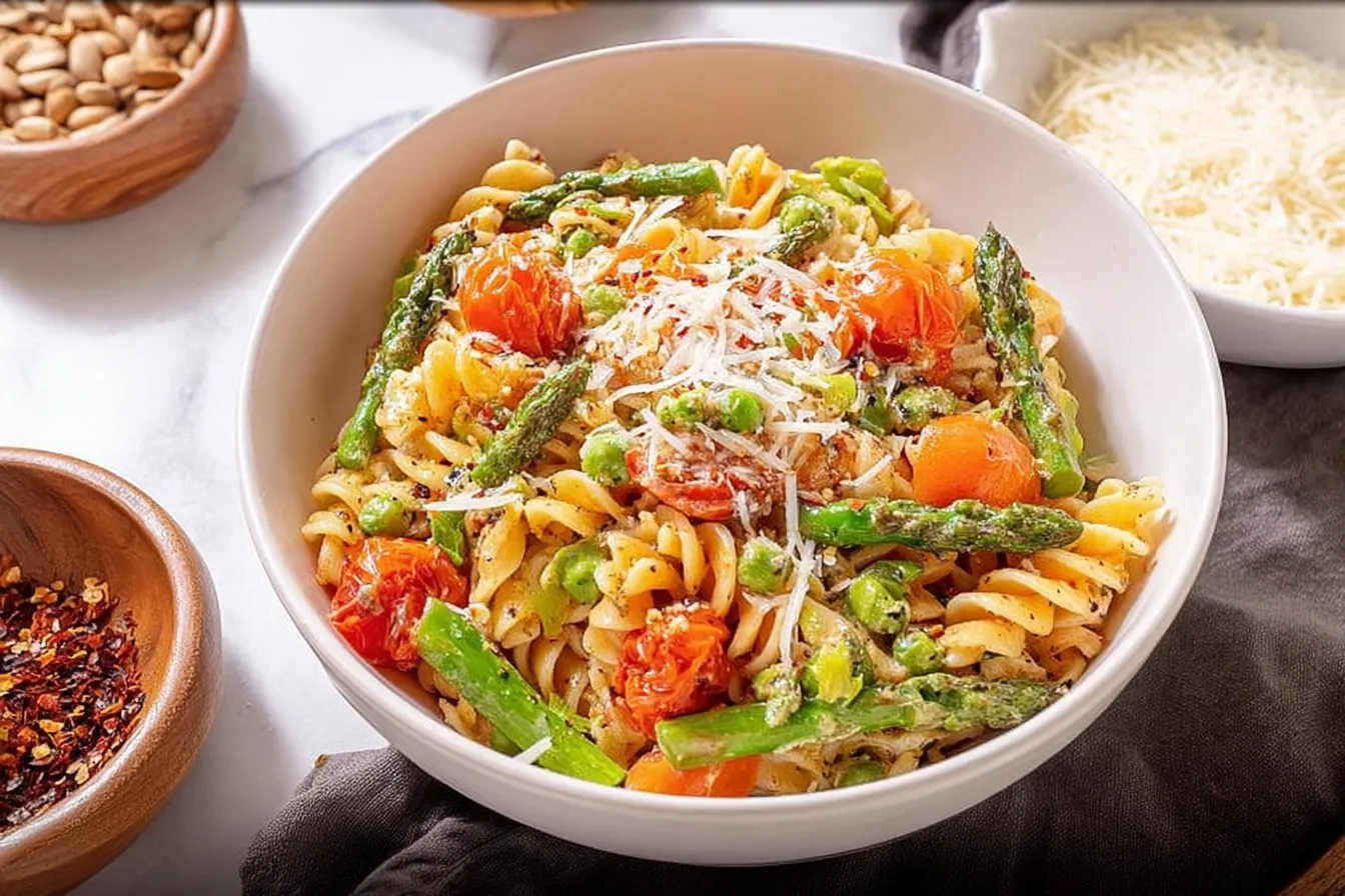Creamy Pasta Primavera Served in a Colorful Bowl