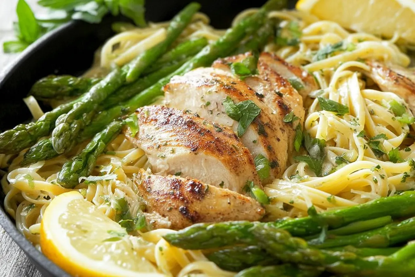 Lemon Chicken Asparagus Pasta in a Creamy Garlic Sauce