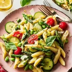 Lemon Garlic Pasta Primavera Served with Fresh Veggies