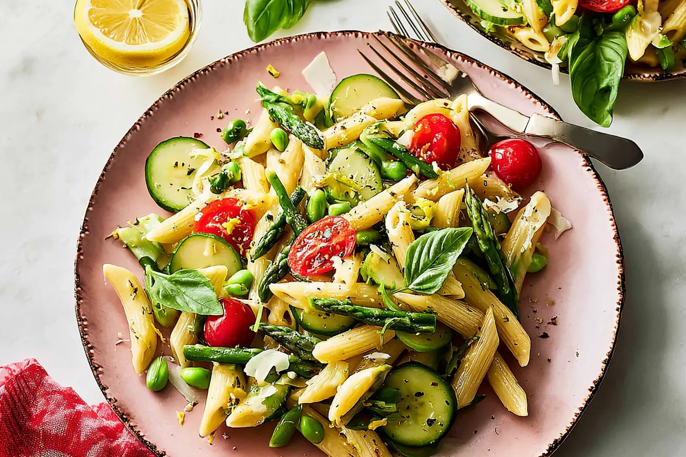 Lemon Garlic Pasta Primavera Served with Fresh Veggies
