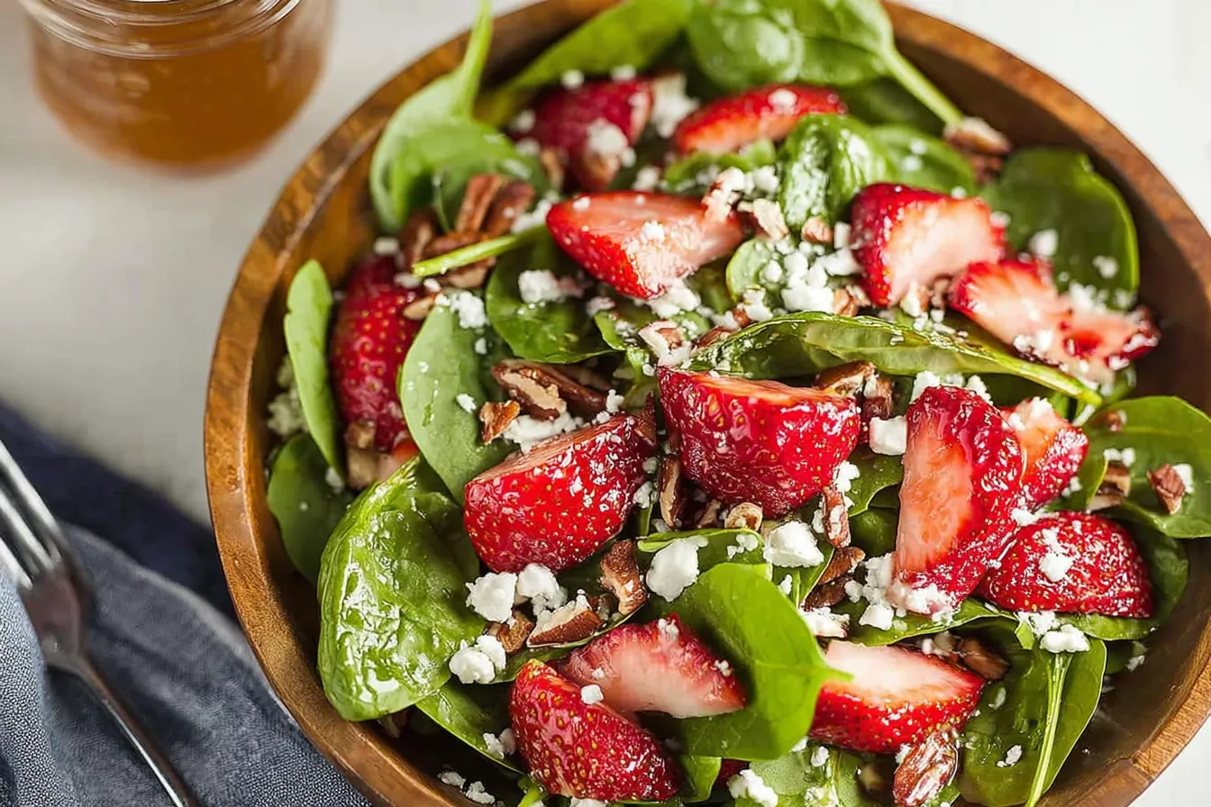 Colorful Strawberry Spinach Salad with Feta in a Bowl
