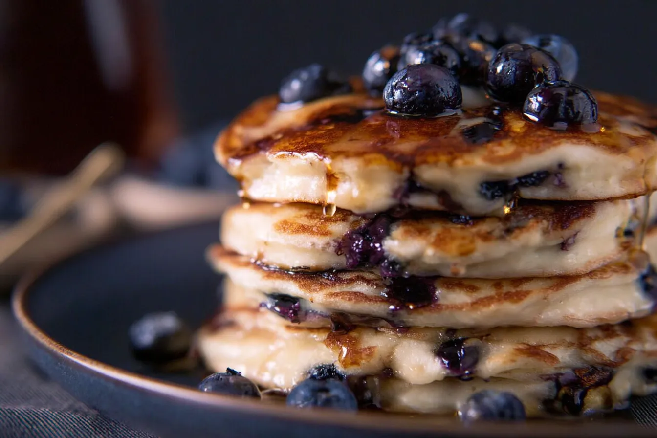 Whole Wheat Blueberry Pancakes Drizzled with Maple Syrup