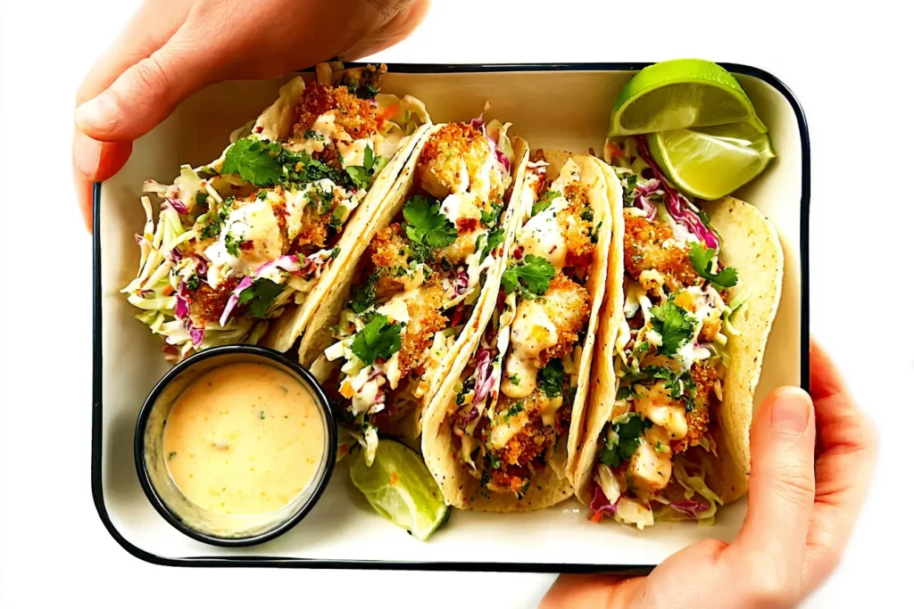 Crispy Baked Fish Tacos with Slaw Plated
