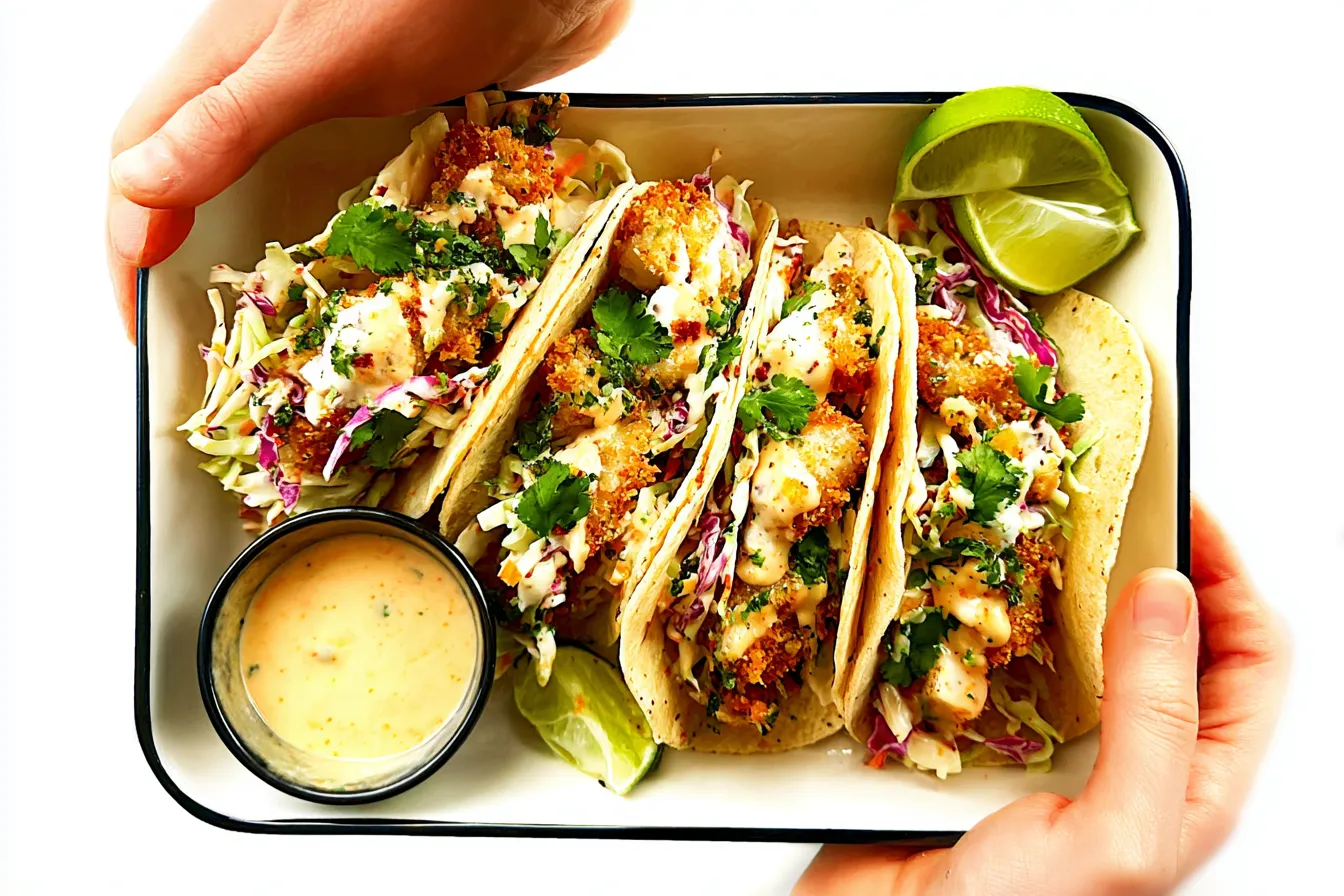 Crispy Baked Fish Tacos with Slaw Plated