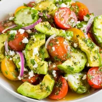 Cucumber Tomato Avocado Salad: A Refreshing Delight Fresh Cucumber Tomato Avocado Salad on a Plate