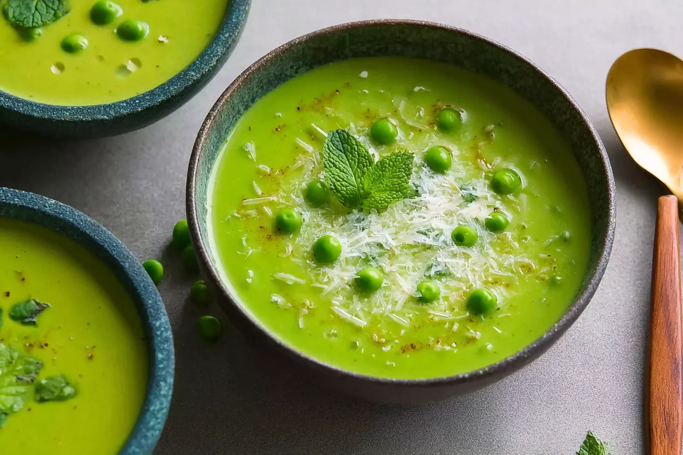 Fresh Pea and Mint Soup in a Bowl with Mint Leaves