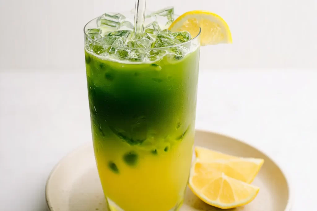 Iced Matcha Lemonade in a Refreshing Glass with Lemon Slices