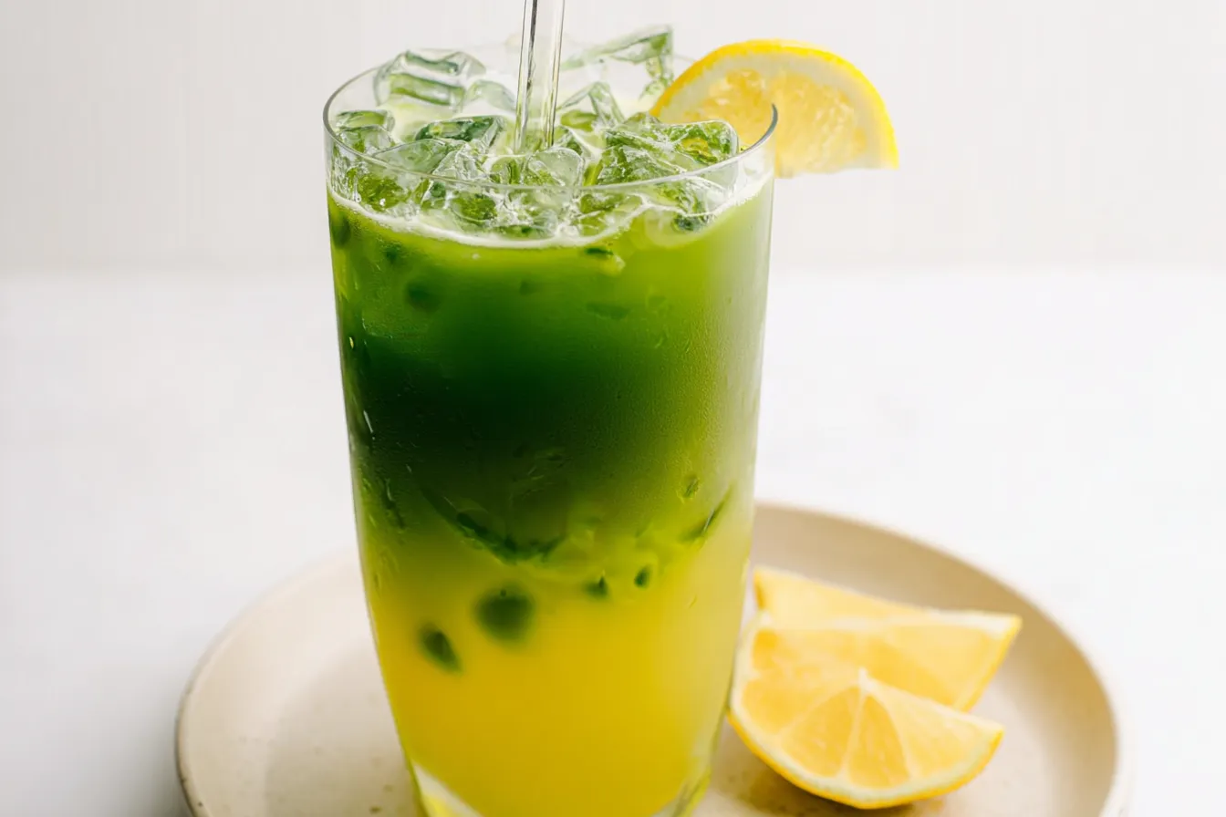 Iced Matcha Lemonade in a Refreshing Glass with Lemon Slices